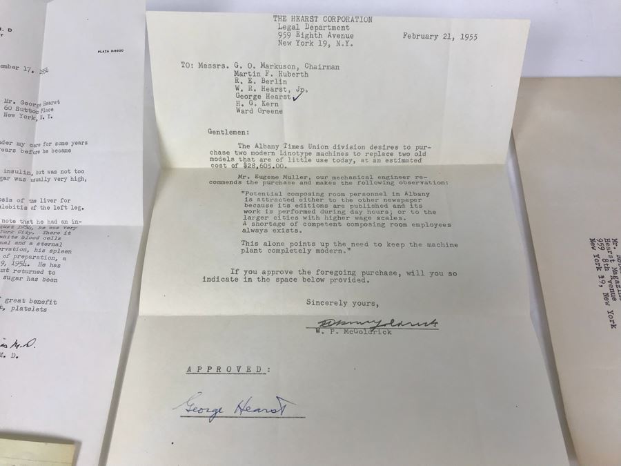 Document From The Hearst Corporation Regarding Purchasing 2 Modern Linotype Machines, Document From Doctor Miguel G. Elias, MD Regarding Healthcare Services Performed, George Hearst Surgical Plan ID Card And More (See Photos) [Photo 2]
