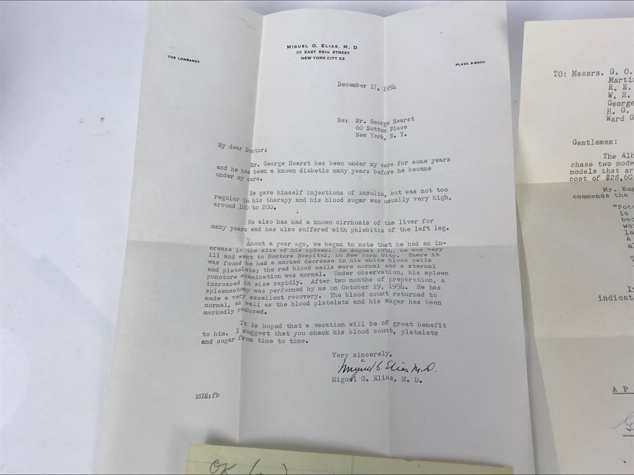 Document From The Hearst Corporation Regarding Purchasing 2 Modern Linotype Machines, Document From Doctor Miguel G. Elias, MD Regarding Healthcare Services Performed, George Hearst Surgical Plan ID Card And More (See Photos) [Photo 9]