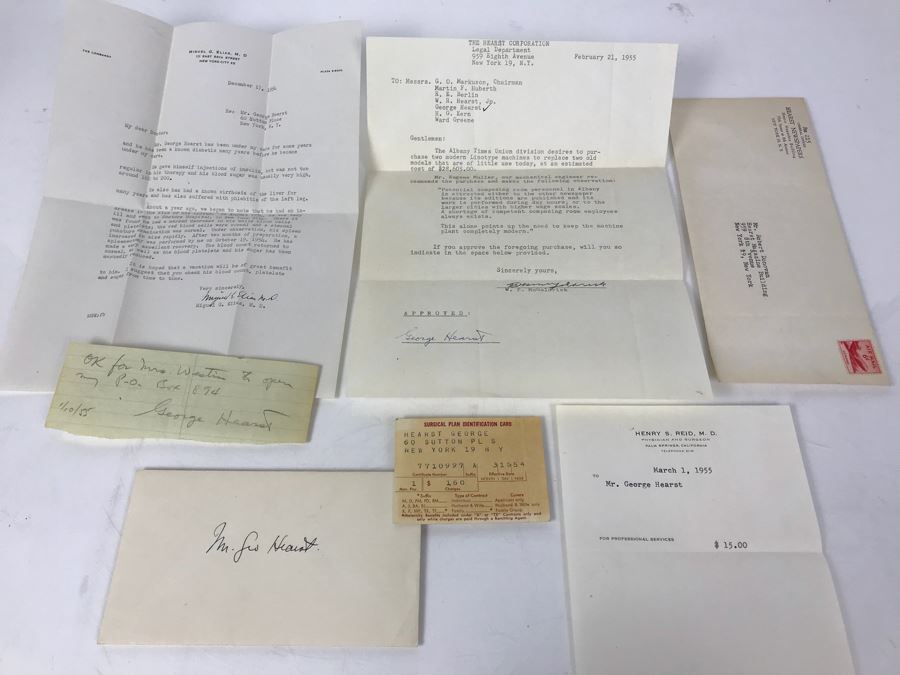 Document From The Hearst Corporation Regarding Purchasing 2 Modern Linotype Machines, Document From Doctor Miguel G. Elias, MD Regarding Healthcare Services Performed, George Hearst Surgical Plan ID Card And More (See Photos) [Photo 1]