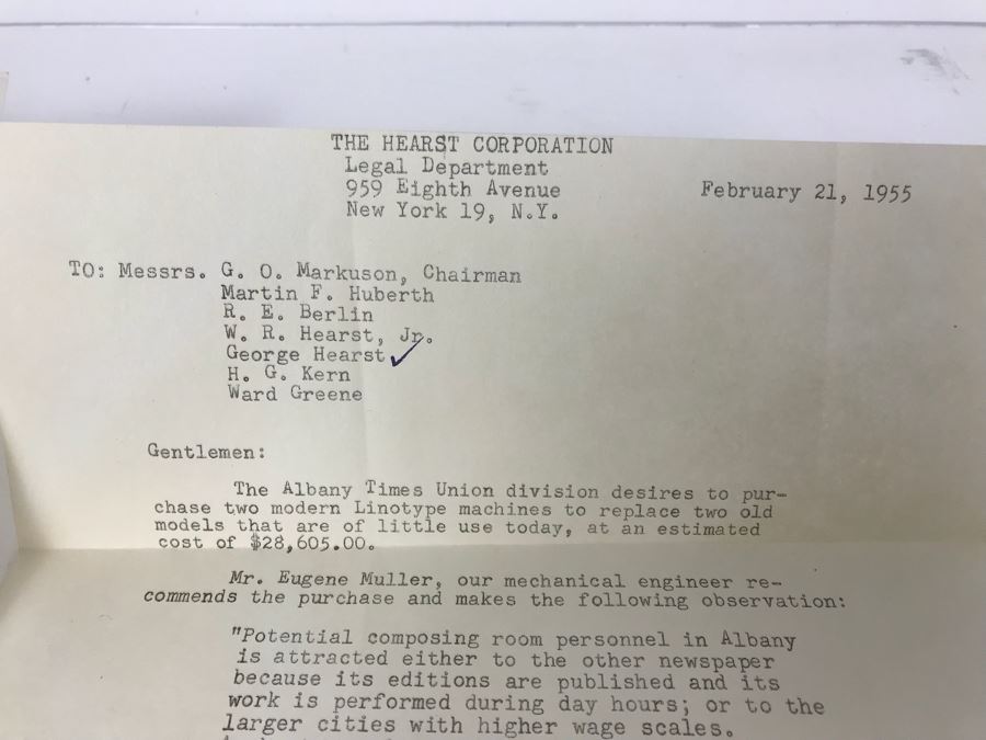 Document From The Hearst Corporation Regarding Purchasing 2 Modern Linotype Machines, Document From Doctor Miguel G. Elias, MD Regarding Healthcare Services Performed, George Hearst Surgical Plan ID Card And More (See Photos) [Photo 4]
