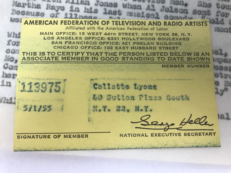 Biographies Of Collette Lyons And American Federation Of Television And Radio Artist Membership Card For Collette Lyons 1955 [Photo 2]