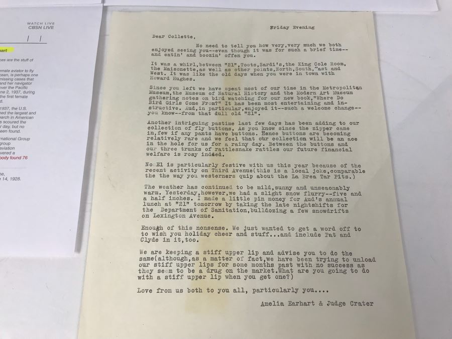 Fascinating Letter To Actress Collette Lyons Regarding Night On The Town In NYC And Mentions 'Like The Old Days...With Howard Hughes' Signed Amelia Earhart & Judge Crater (Must Read) [Photo 3]