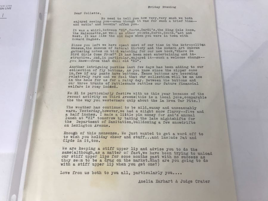Fascinating Letter To Actress Collette Lyons Regarding Night On The Town In NYC And Mentions 'Like The Old Days...With Howard Hughes' Signed Amelia Earhart & Judge Crater (Must Read) [Photo 2]