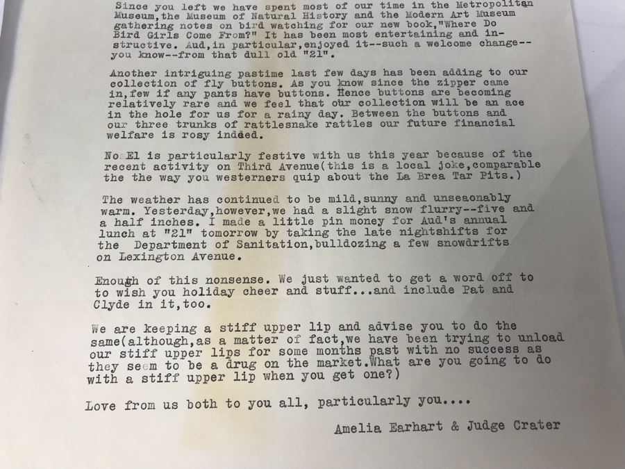 Fascinating Letter To Actress Collette Lyons Regarding Night On The Town In NYC And Mentions 'Like The Old Days...With Howard Hughes' Signed Amelia Earhart & Judge Crater (Must Read) [Photo 5]