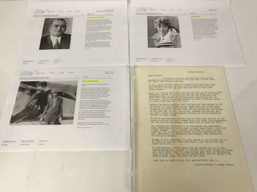 Fascinating Letter To Actress Collette Lyons Regarding Night On The Town In NYC And Mentions 'Like The Old Days...With Howard Hughes' Signed Amelia Earhart & Judge Crater (Must Read) [Photo 1]