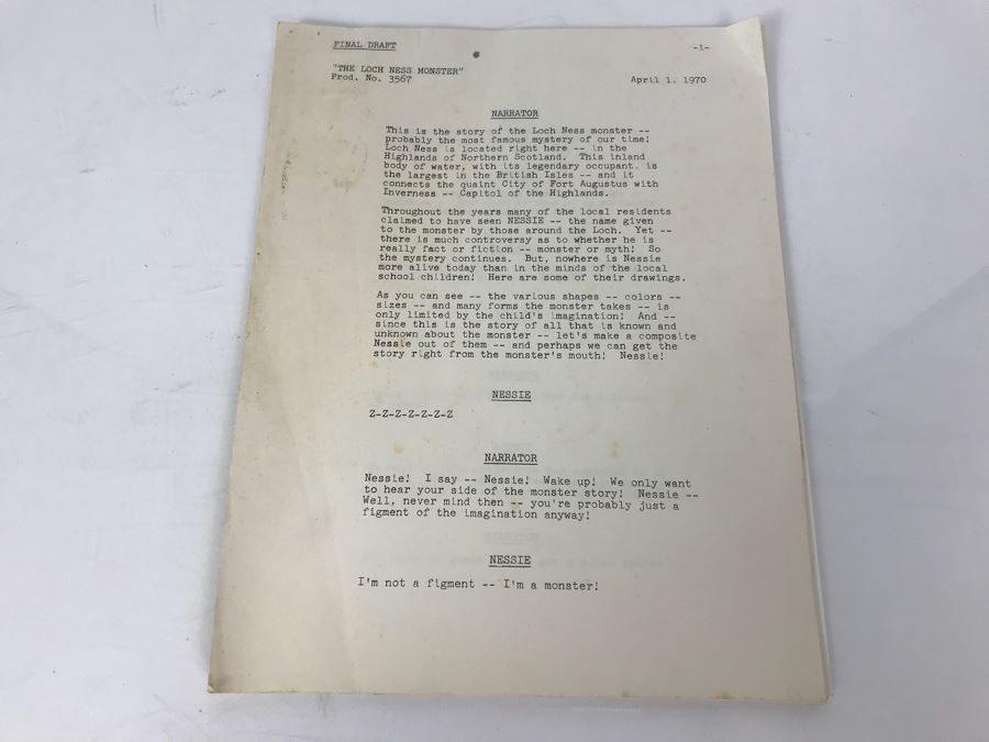 Final Draft Script For 'The Loch Ness Monster' 1970