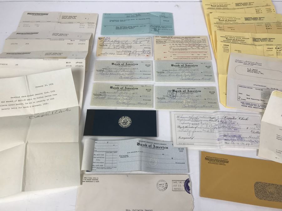 Various Bank Of America Checks Signed By Collette Lyons To Marion Davies (William Randolph Hearst's Mistress), Bank Of America Bank Statements, Bank Of America Checkbooks, Bank Statements And Other Documents (See Photos)