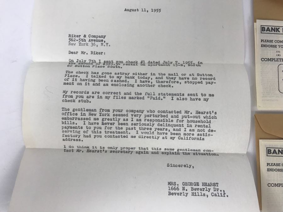 Letter From Actress Collette Lyons Regarding Misplaced Rent Check And Chemical Corn Exchange Bank Deposit Slips From Collette Lyons [Photo 2]