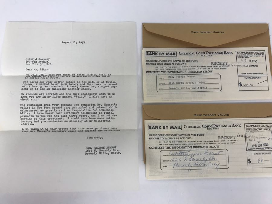 Letter From Actress Collette Lyons Regarding Misplaced Rent Check And Chemical Corn Exchange Bank Deposit Slips From Collette Lyons