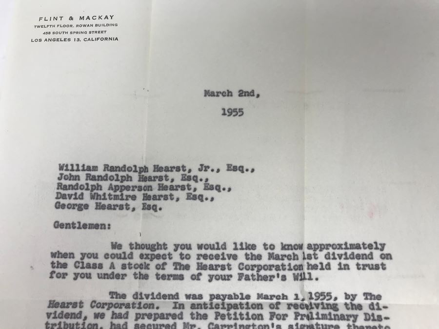 Letter From Flint & Mackay Regarding Dividend Payments From The Hearst Corporation To The Sons Of William Randolph Hearst Dated March 2nd, 1955 [Photo 2]