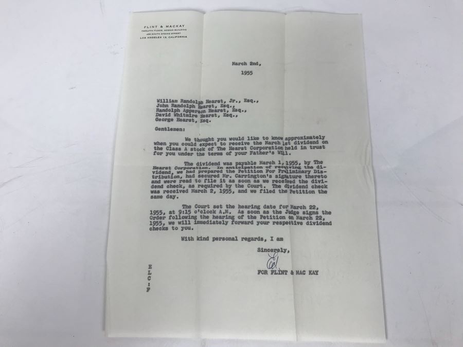 Letter From Flint & Mackay Regarding Dividend Payments From The Hearst Corporation To The Sons Of William Randolph Hearst Dated March 2nd, 1955