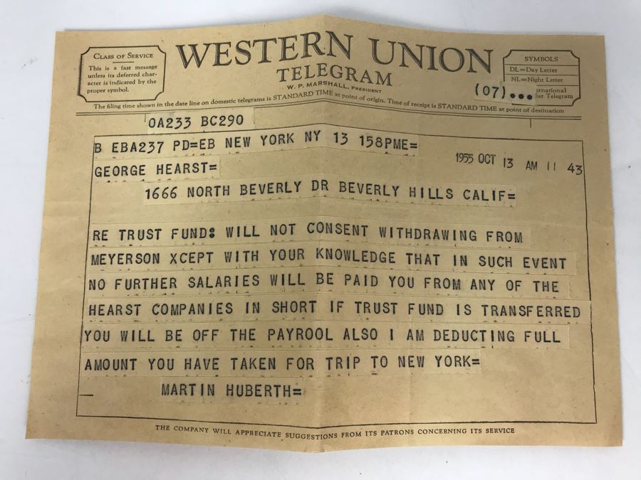 Western Union Telegram To George Hearst From Martin Huberth Regarding Money [Photo 1]