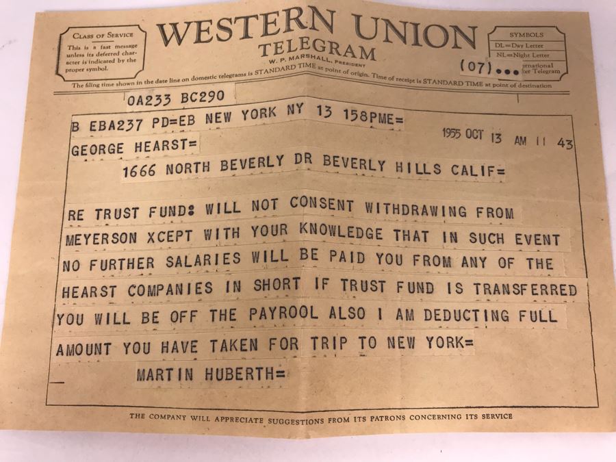 Western Union Telegram To George Hearst From Martin Huberth Regarding Money [Photo 2]