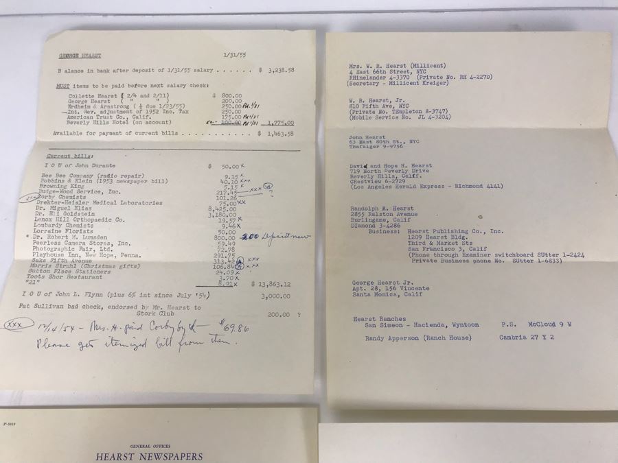 Several George Hearst Financial Budgets Accounts Payables Documents And Hearst Family Address List [Photo 2]