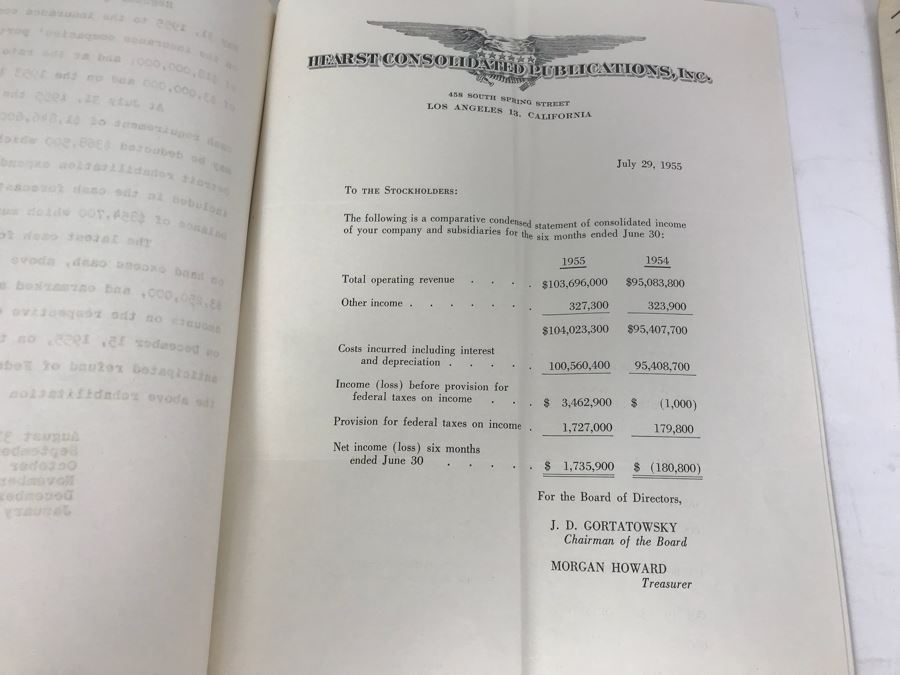 Hearst Consolidated Publications, Inc Treasurer's Report 1955 With Handwritten Notes, Financial Documents And Letters Pertaining To The Hearst Corporations Including Sunical Land & Livestock Division [Photo 12]