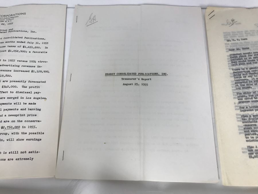 Hearst Consolidated Publications, Inc Treasurer's Report 1955 With Handwritten Notes, Financial Documents And Letters Pertaining To The Hearst Corporations Including Sunical Land & Livestock Division [Photo 2]