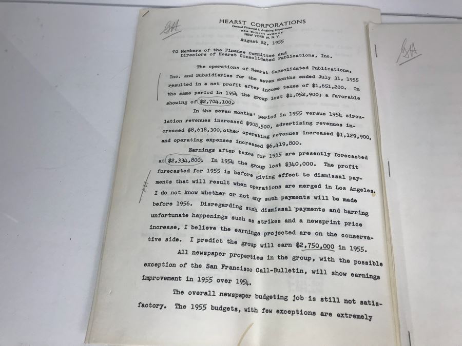 Hearst Consolidated Publications, Inc Treasurer's Report 1955 With Handwritten Notes, Financial Documents And Letters Pertaining To The Hearst Corporations Including Sunical Land & Livestock Division [Photo 14]