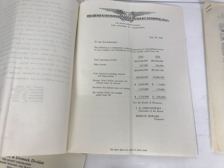 Hearst Consolidated Publications, Inc Treasurer's Report 1955 With Handwritten Notes, Financial Documents And Letters Pertaining To The Hearst Corporations Including Sunical Land & Livestock Division [Photo 11]