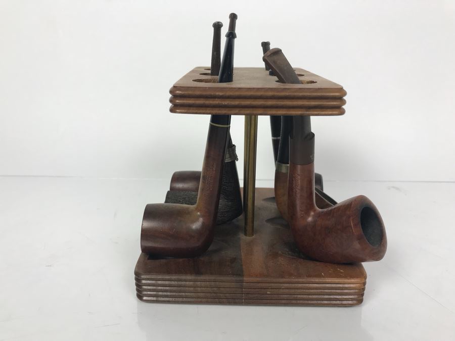 Vintage Wooden Pipe Stand With Collection Of (6) Wooden Pipes Of Various Makes (See Photos) [Photo 5]
