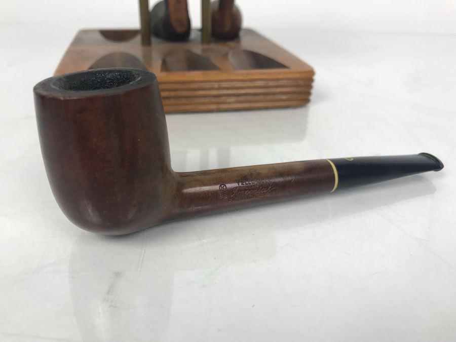 Vintage Wooden Pipe Stand With Collection Of (6) Wooden Pipes Of Various Makes (See Photos) [Photo 20]