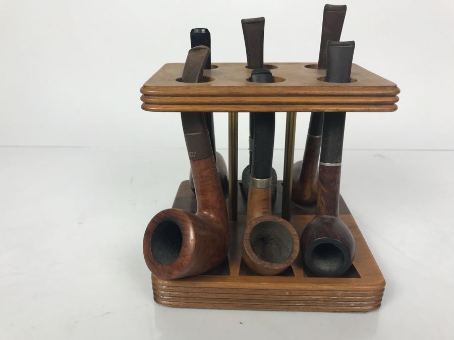 Vintage Wooden Pipe Stand With Collection Of (6) Wooden Pipes Of Various Makes (See Photos) [Photo 6]