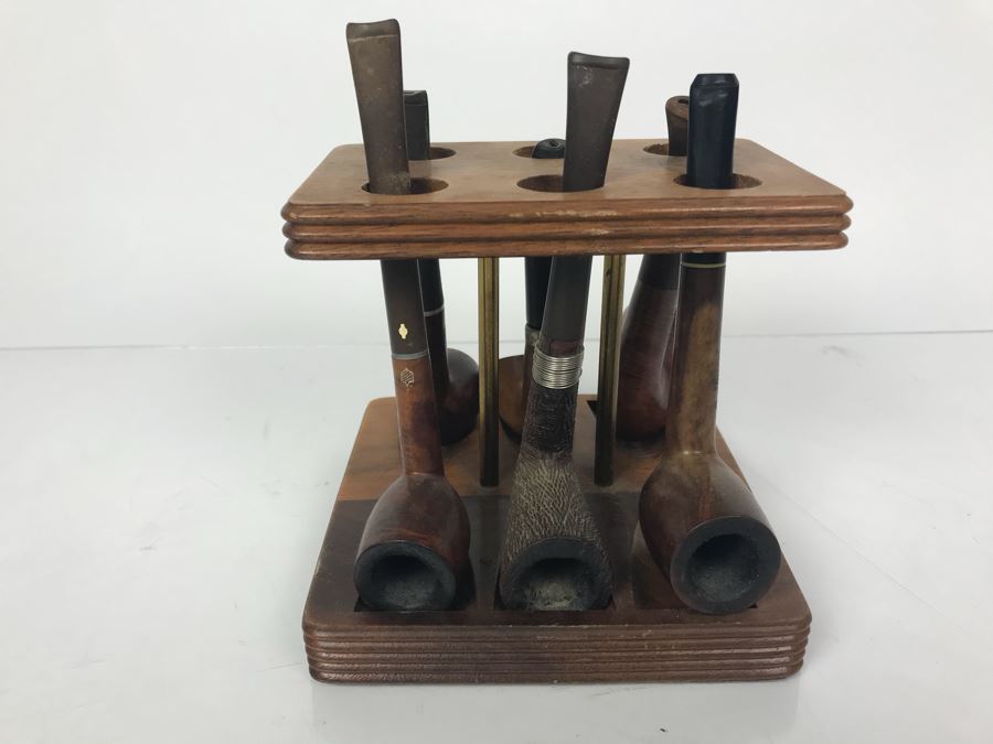 Vintage Wooden Pipe Stand With Collection Of (6) Wooden Pipes Of Various Makes (See Photos) [Photo 3]
