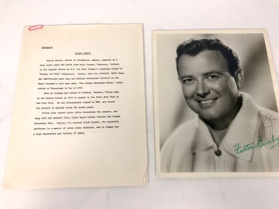 Signed Fulton Burley Headshot Photograph With Biography Of His Work With Disneyland And Walt Disney Promoting Movies [Photo 1]
