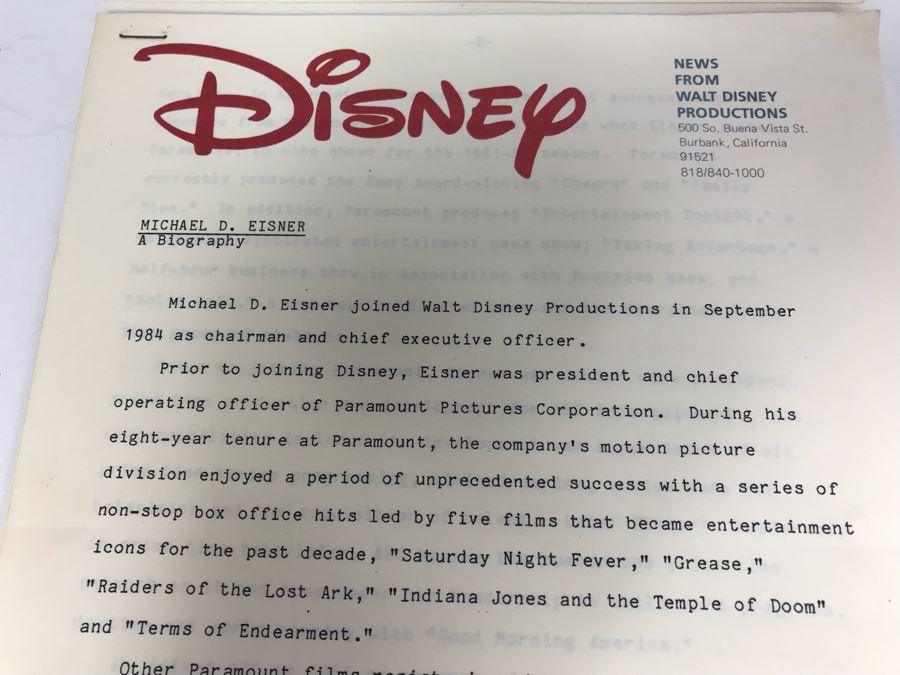 Collection Of Walt Disney Related Photographs Featuring Disney Characters And Fulton Burley And Disney 1984 Press Release Bios Of Michael D. Eisner And Frank G. Wells [Photo 3]