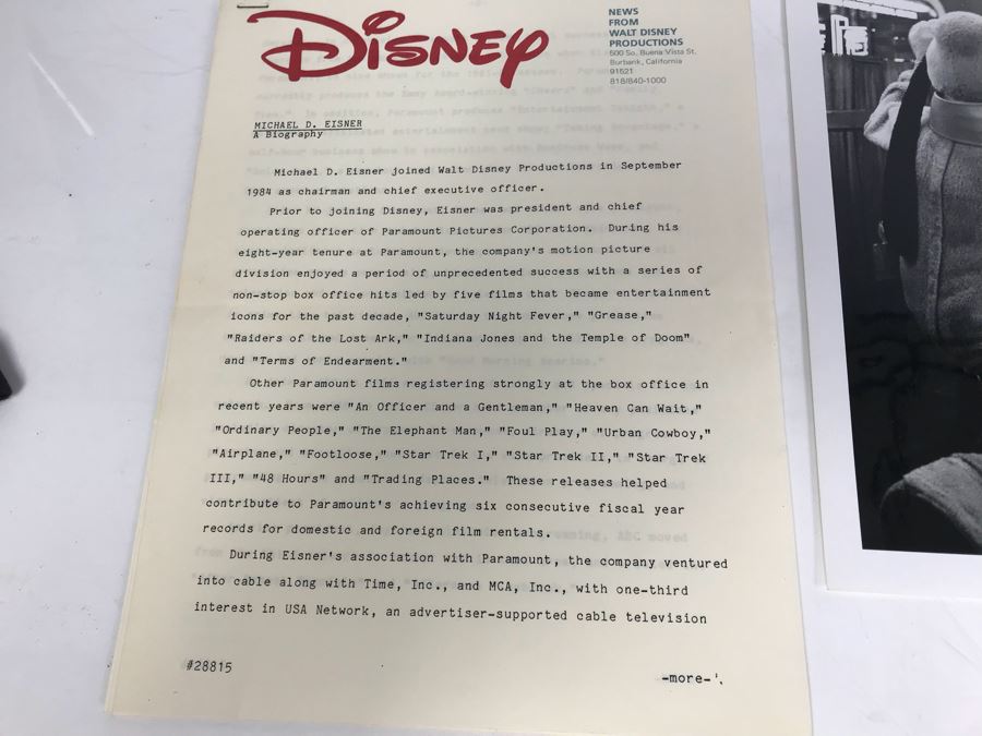 Collection Of Walt Disney Related Photographs Featuring Disney Characters And Fulton Burley And Disney 1984 Press Release Bios Of Michael D. Eisner And Frank G. Wells [Photo 2]