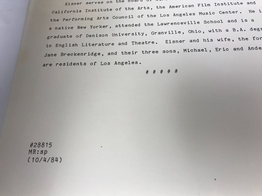 Collection Of Walt Disney Related Photographs Featuring Disney Characters And Fulton Burley And Disney 1984 Press Release Bios Of Michael D. Eisner And Frank G. Wells [Photo 4]