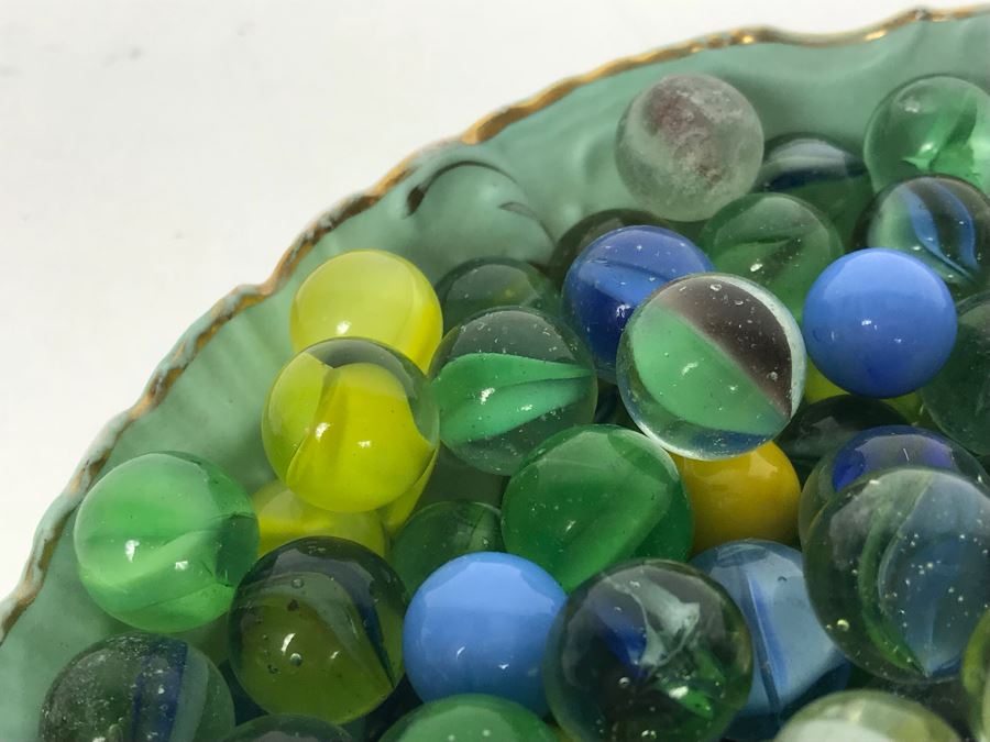 Wheelock Dresden Bowl With Painting Of Tent City In Coronado Beach, CA Filled With Vintage Marbles Collection [Photo 14]