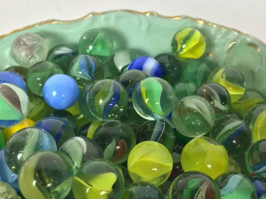 Wheelock Dresden Bowl With Painting Of Tent City In Coronado Beach, CA Filled With Vintage Marbles Collection [Photo 13]