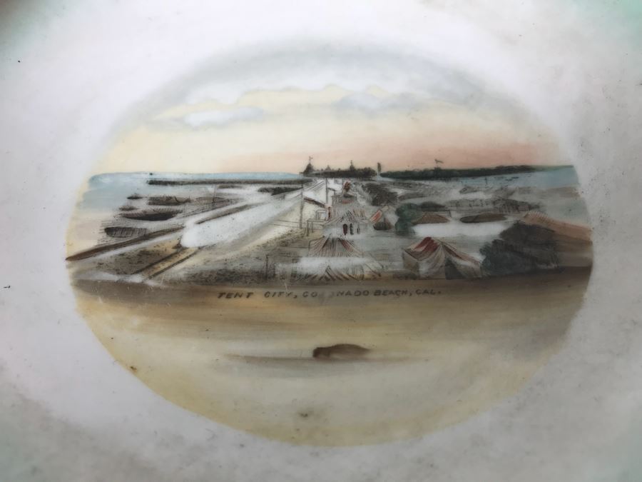 Wheelock Dresden Bowl With Painting Of Tent City In Coronado Beach, CA Filled With Vintage Marbles Collection [Photo 4]
