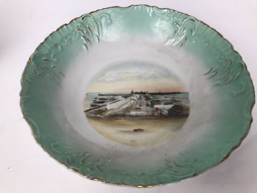 Wheelock Dresden Bowl With Painting Of Tent City In Coronado Beach, CA Filled With Vintage Marbles Collection [Photo 2]