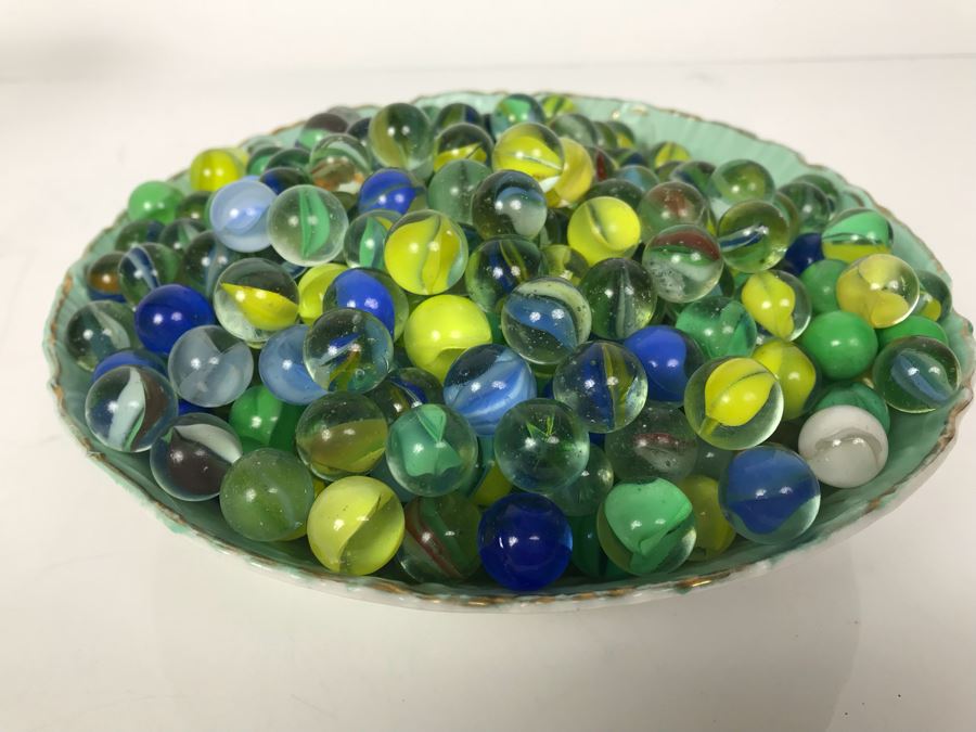 Wheelock Dresden Bowl With Painting Of Tent City In Coronado Beach, CA Filled With Vintage Marbles Collection [Photo 22]