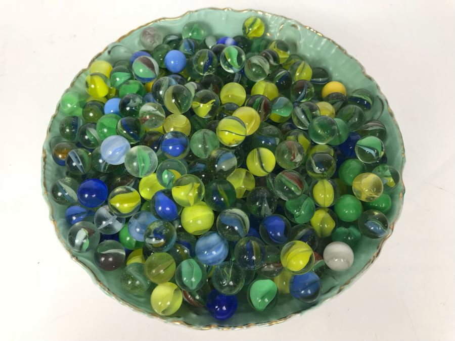 Wheelock Dresden Bowl With Painting Of Tent City In Coronado Beach, CA Filled With Vintage Marbles Collection [Photo 17]