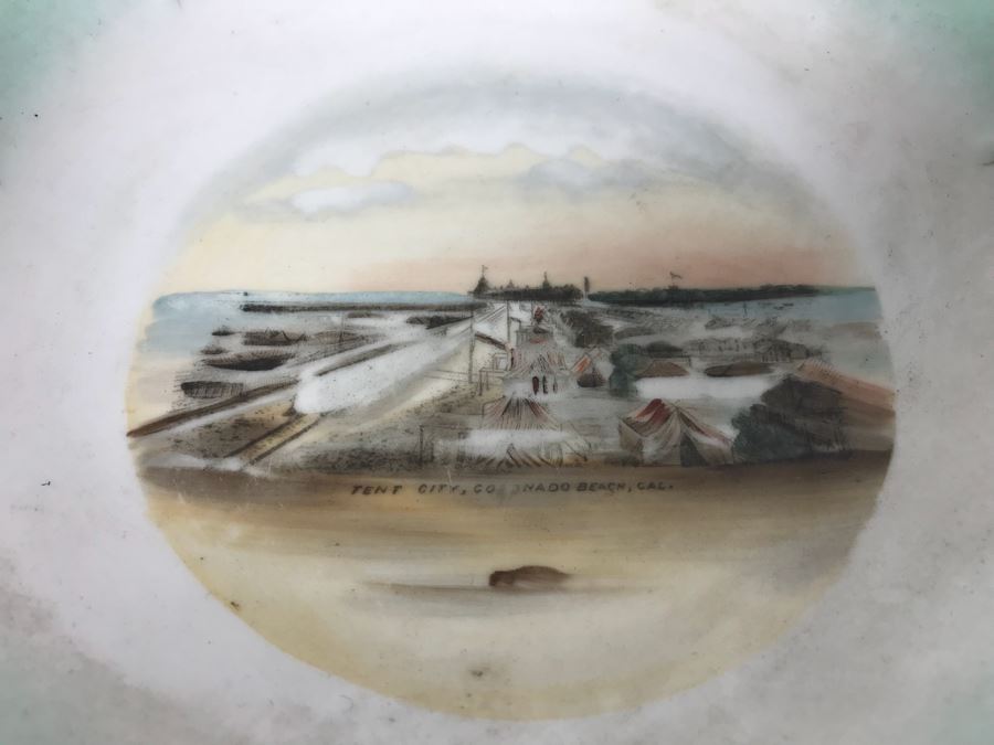 Wheelock Dresden Bowl With Painting Of Tent City In Coronado Beach, CA Filled With Vintage Marbles Collection [Photo 3]