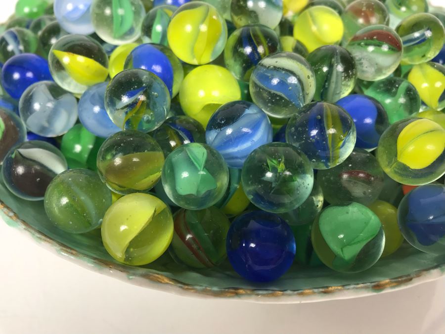 Wheelock Dresden Bowl With Painting Of Tent City In Coronado Beach, CA Filled With Vintage Marbles Collection [Photo 8]