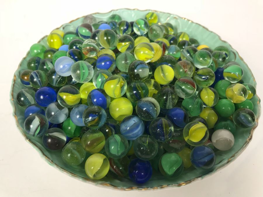 Wheelock Dresden Bowl With Painting Of Tent City In Coronado Beach, CA Filled With Vintage Marbles Collection [Photo 20]