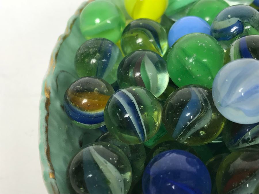 Wheelock Dresden Bowl With Painting Of Tent City In Coronado Beach, CA Filled With Vintage Marbles Collection [Photo 15]