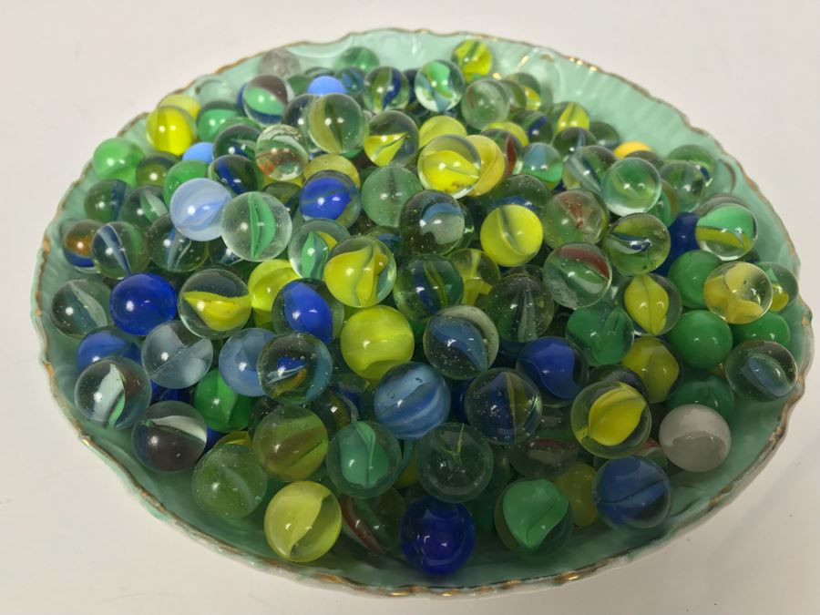 Wheelock Dresden Bowl With Painting Of Tent City In Coronado Beach, CA Filled With Vintage Marbles Collection [Photo 21]
