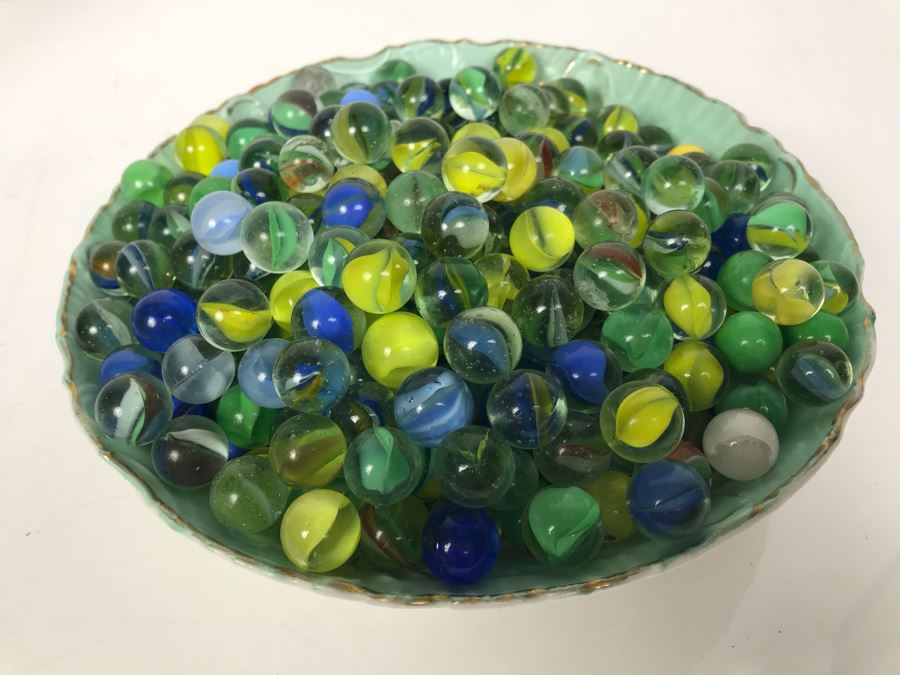 Wheelock Dresden Bowl With Painting Of Tent City In Coronado Beach, CA Filled With Vintage Marbles Collection [Photo 19]