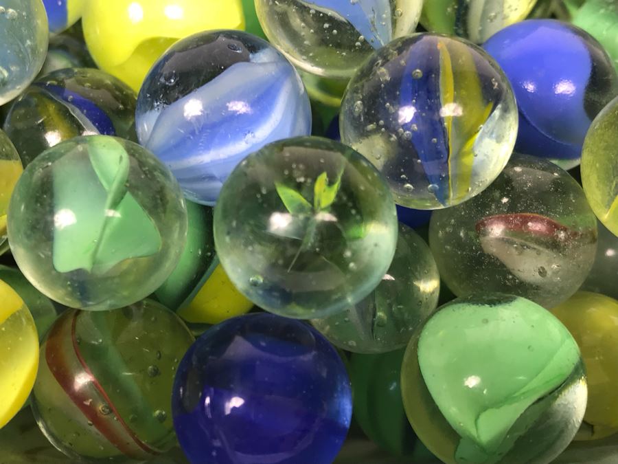 Wheelock Dresden Bowl With Painting Of Tent City In Coronado Beach, CA Filled With Vintage Marbles Collection [Photo 9]