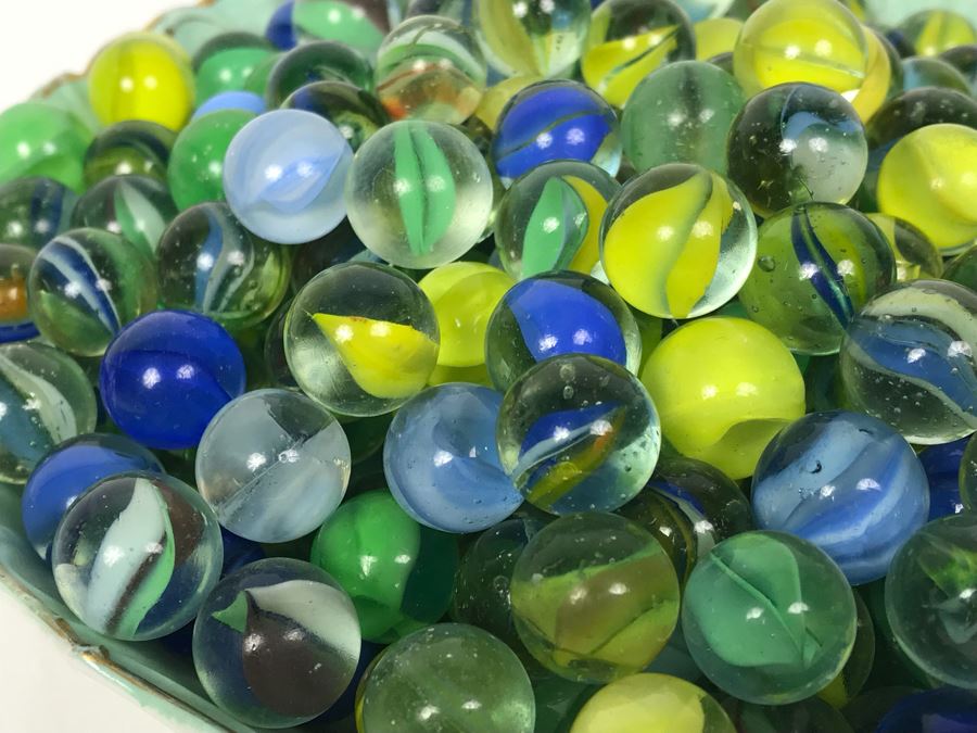 Wheelock Dresden Bowl With Painting Of Tent City In Coronado Beach, CA Filled With Vintage Marbles Collection [Photo 16]