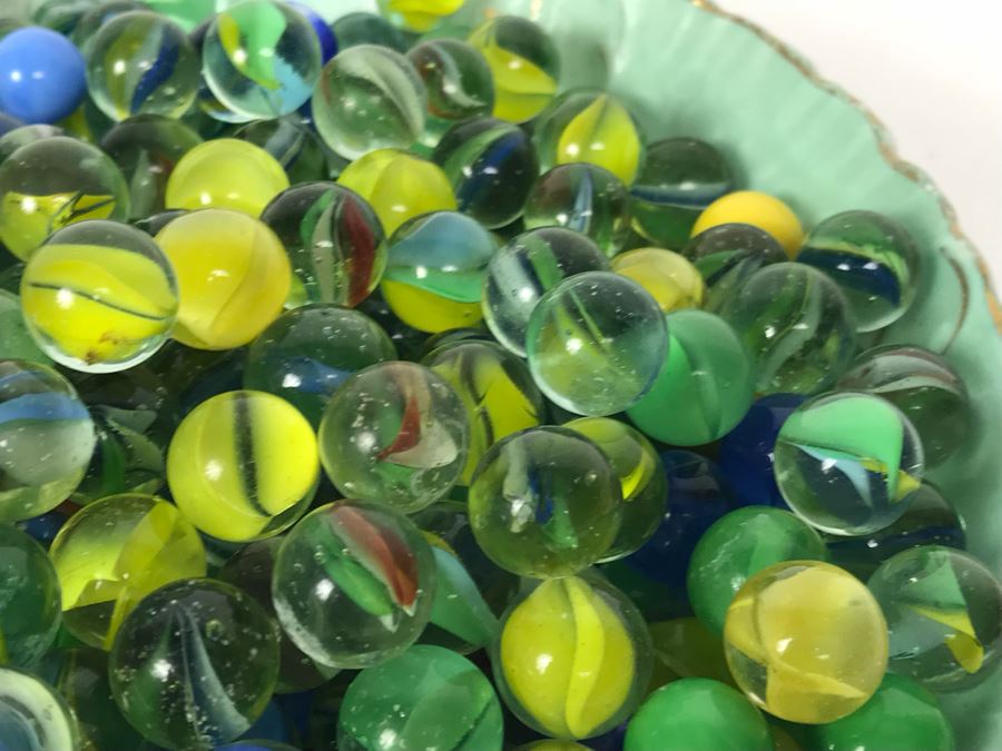 Wheelock Dresden Bowl With Painting Of Tent City In Coronado Beach, CA Filled With Vintage Marbles Collection [Photo 11]