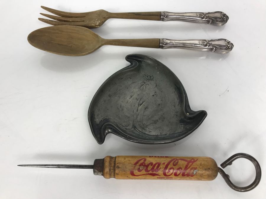 Vintage Coca-Cola Ice Pick And Bottle Opener, Vintage Art Nouveau Pin Tray And Sterling Silver Handled Salad Spoon And Fork [Photo 1]