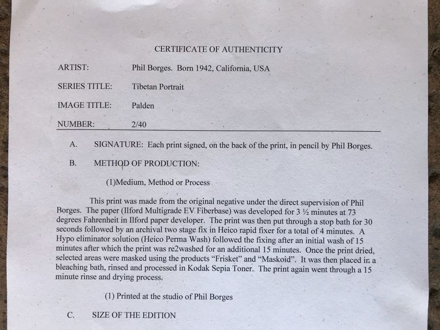 Limited Edition Signed Phil Borges Photograph Titled 'Tibetan Portrait' Dharamsala, India 2 Of 40 With COA 20' X 24' [Photo 18]