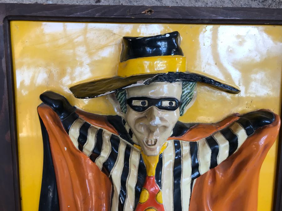 Vintage Signed 1972 McDonalds Restaraunt Hamburglar Painted Relief Fiberglass Wall Hanging By Alfred M Gordon Designs 24' X 27' [Photo 3]