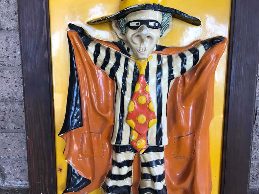 Vintage Signed 1972 McDonalds Restaraunt Hamburglar Painted Relief Fiberglass Wall Hanging By Alfred M Gordon Designs 24' X 27' [Photo 4]