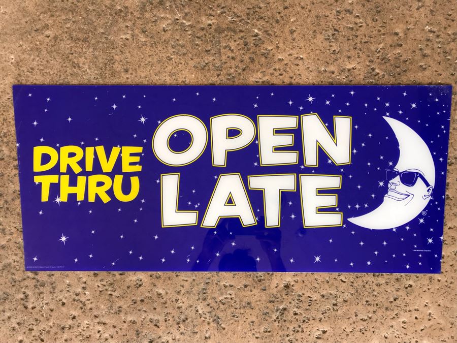 McDonalds Open Late Drive Thru Acrylic Sign New Old Stock 36' X 15' [Photo 1]